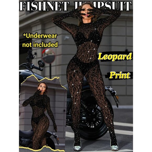 🆕Women Black Sexy Lace Jumpsuit Leopard Fishnet Bodysuit Outfits Mesh Lingerie - Picture 2 of 7